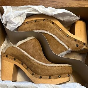 Ugg Aubriana Brown Suede Clogs with Shearling Lining